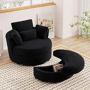 Oversized Swivel Accent Chair with Half Moon Storage Ottoman, 42'' W Chenille Round Swivel Barrel Chair, Modern Upholstered Comf