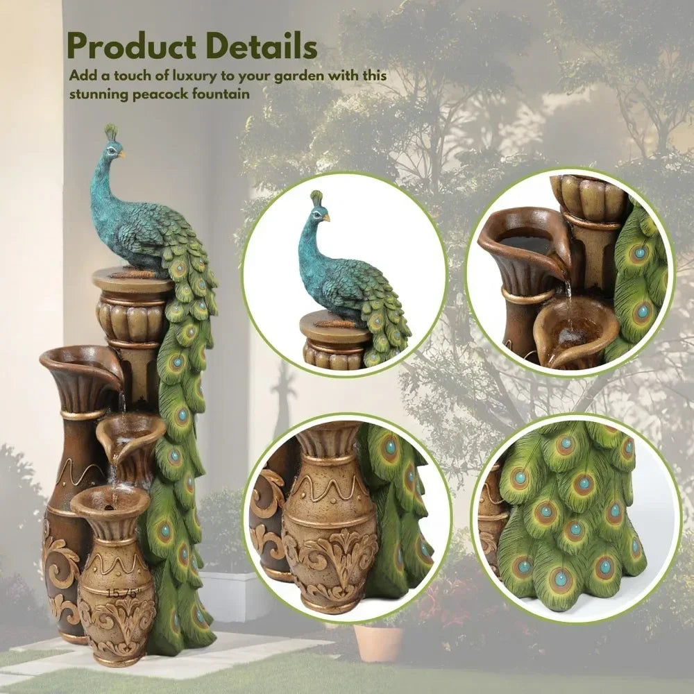 LuxenHome Outdoor Water Fountain 44 Inch Resin Peacock Water Fountain with Urns and LED Light Tall Outdoor Fountains