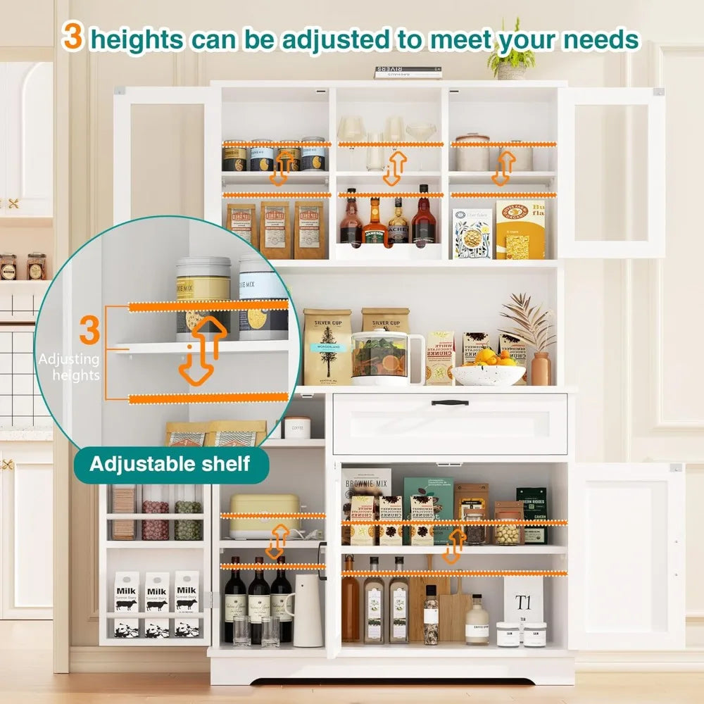 Tall Kitchen Pantry Food Storage Cabinet with Hutch and Microwave Stand Modern Coffee Bar Hutch with Glass Door and Shelves