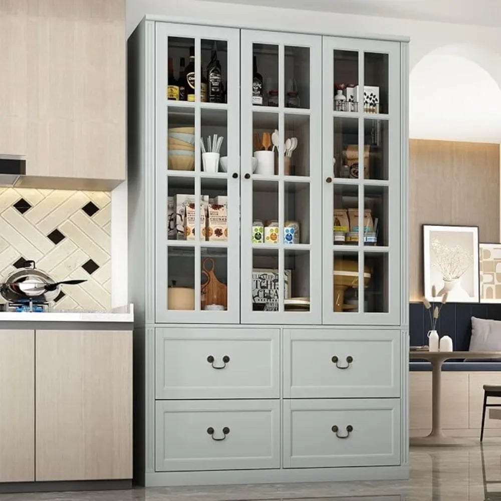 Pantry Cabinet Kitchen Storage Cabinet with Two Drawers and Glass Doors Adjustable Shelves for Kitchen and Pantry Use
