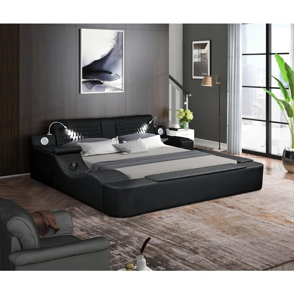Queen Size Smart Bed Multifunctional Leather Bed Frame with Massage Recliner Upholstered Headboard Modern Luxury Bed Frame