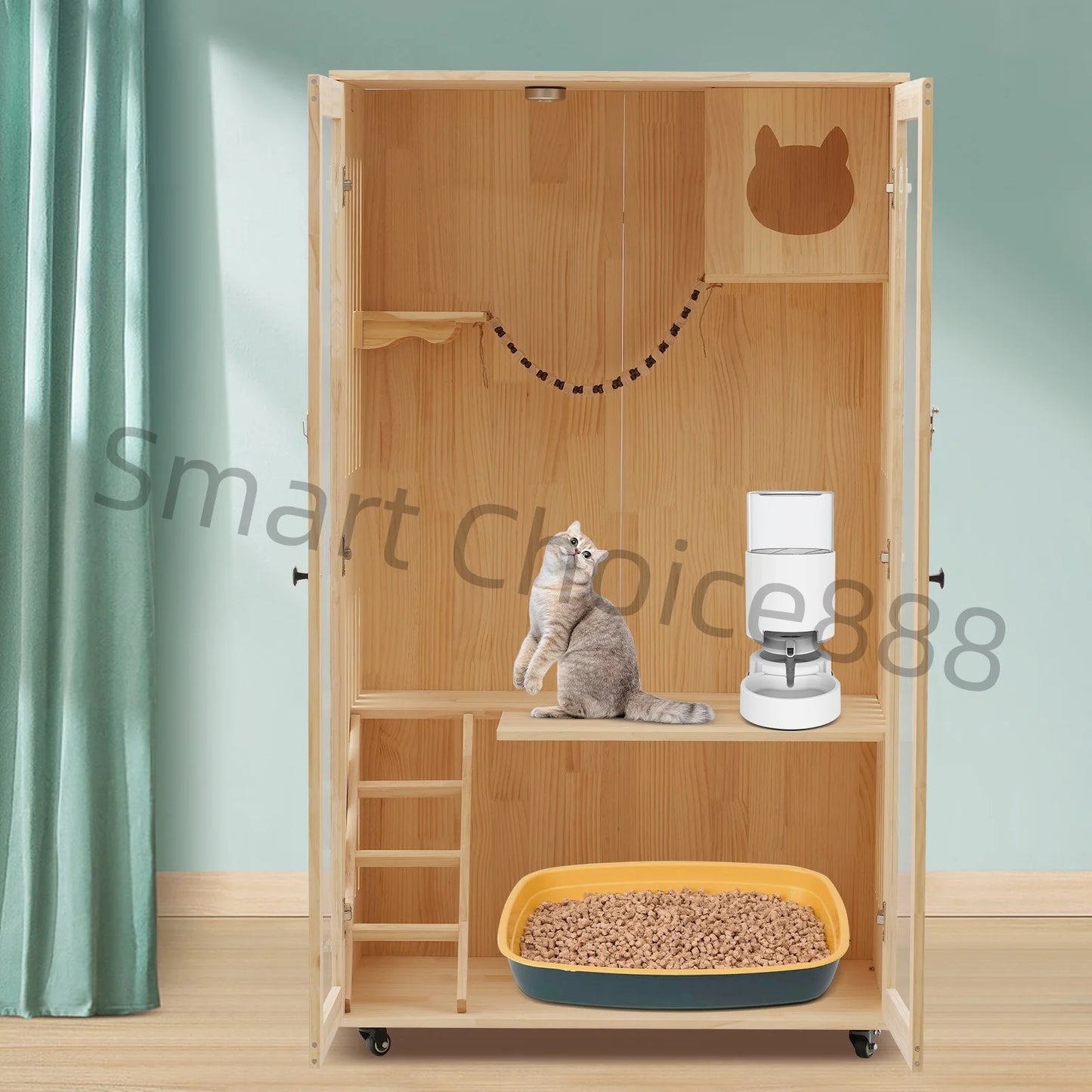 Large Wooden Cat House Luxury Multi-Feature Cat Condo Cat Condo House with Posts Oversized Cat Villa on Wheels