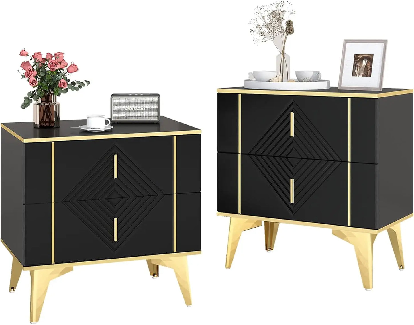 Nightstands Set of 2 Light Luxury Bedside Table with 2 Wood Drawers End Tables with Metal Handles and Metal Legs for Bedroom