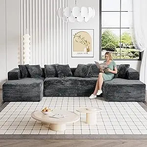 131 Inch Modular Sectional Couch Luxury Black Sectional Couches for Living Room Comfy Corduroy Sofa with Chaise Lounge