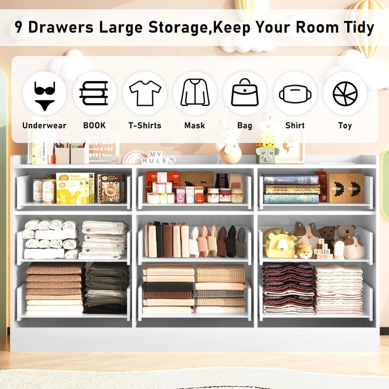9 Drawer Dresser with Power Outlet and LED Light Modern Chest of Drawers for Closet 63 Inch Drawer Organizer Cabinet for Bedroom