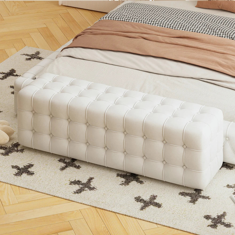 All Covered Velvet Upholstered Ottoman Rectangular Footstool Bedroom Footstool No Assembly Required Elegant Luxurious White