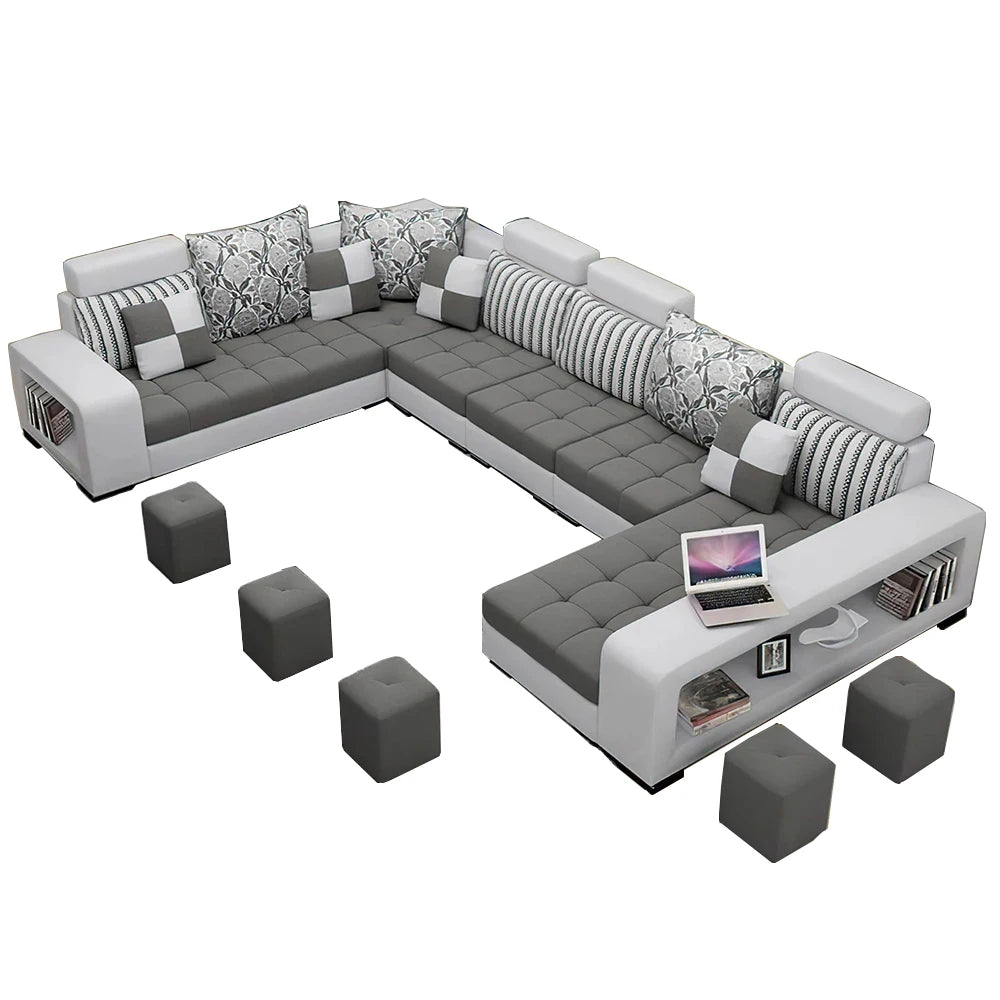 Manbas Dark Grey And Light Grey Fabric Sectional Couch With Chaise U-Shape Living Room Sofa Set With Stools Home Furniture