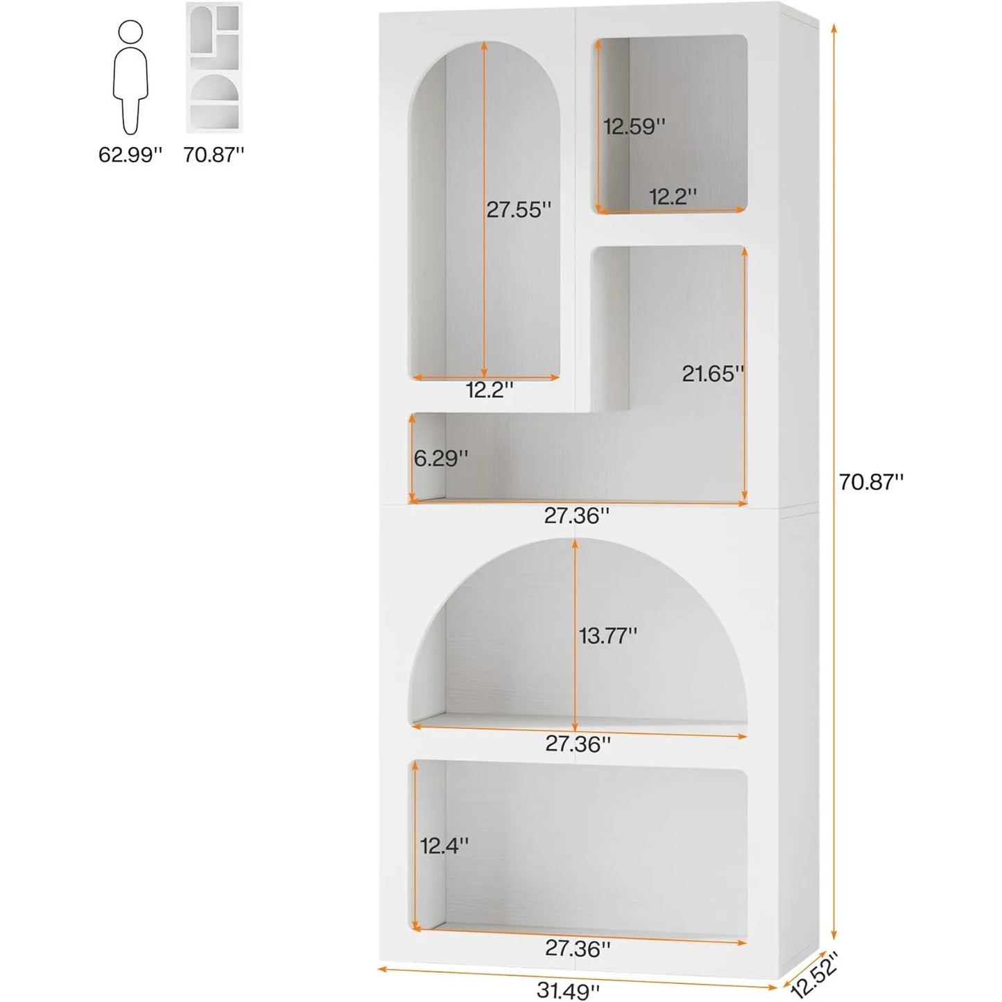 70.87 Inch Tall Geometric Bookshelf White Arched Bookcase with 5 Irregular Storage Shelves Free Standing for Living Room and Bedroom