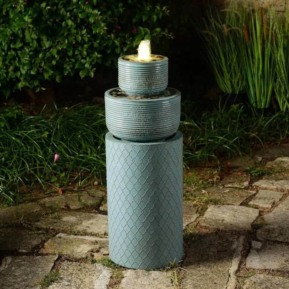 50 Inch High Outdoor Indoor Tall Waterfall Fountain with LED Lights Large Modern Cascading Bowl Fountain for Garden and Patio