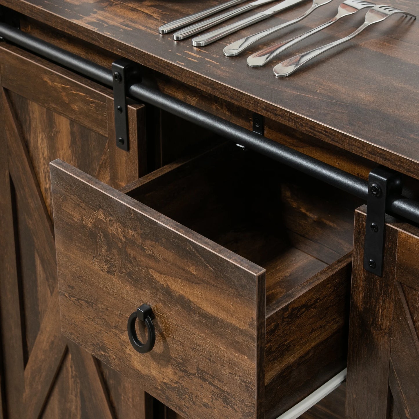 Industrial Farmhouse Kitchen Sideboard Buffet Cabinet W/ Drawers, Rustic Brown