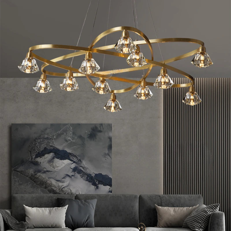 Modern Luxury Crystal LED Ceiling Chandelier Hanging Wire Fixture for Living Room Bedroom Home Decor Indoor Lighting
