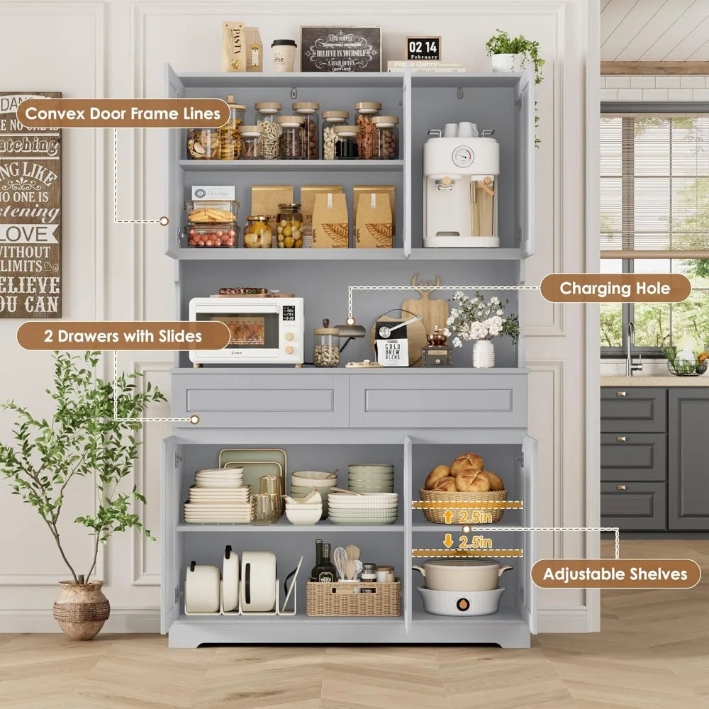 74 Inch Tall Kitchen Pantry Cabinet with 6 Doors and 2 Drawers Modern Kitchen Cupboard
