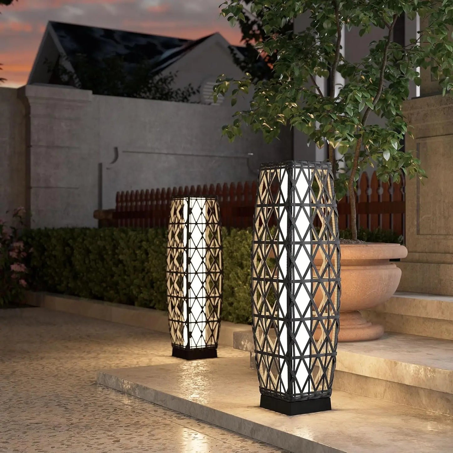 Medium Cindy Outdoor Solar Powered Woven Wicker Lantern Floor Lamp Decoration for Deck Garden Lawn Porch