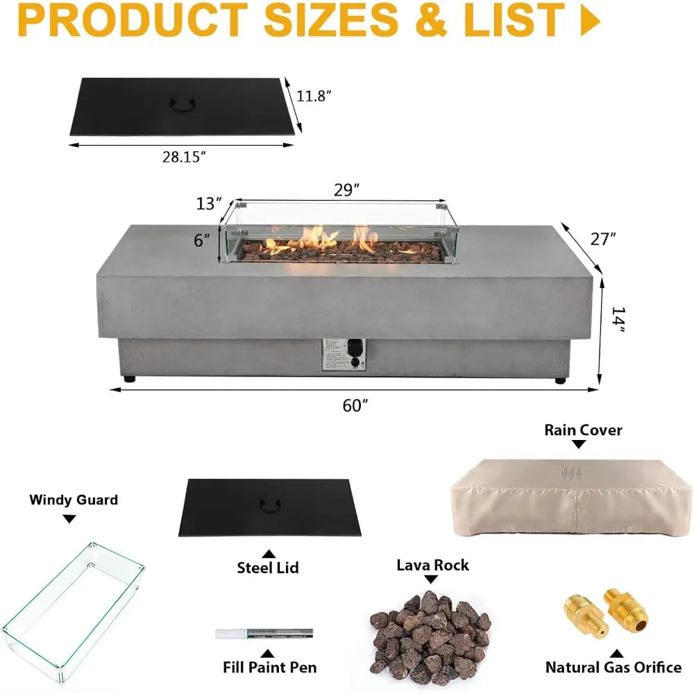 60 Inch Outdoor Propane Fire Pit Table with Lid and Wind Guard Large Rectangular Concrete Design