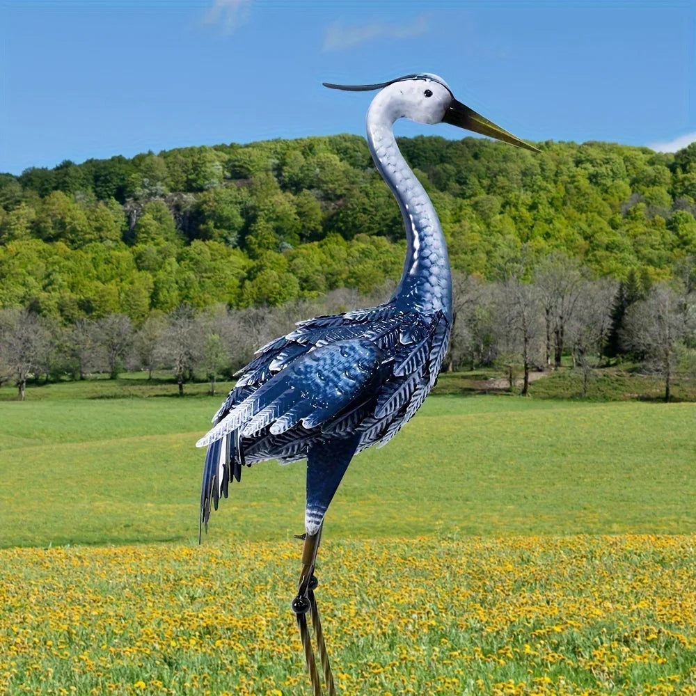 Blue Metal Crane Sculpture Elegant Outdoor Garden Decor Weather Resistant Heron Statue for Patio Lawn and Backyard