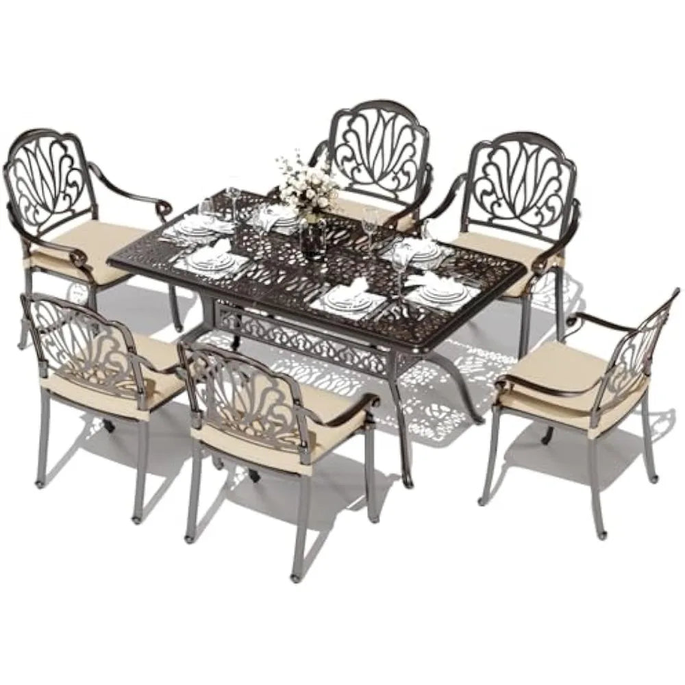 Aluminum Outdoor Dining Set of 6 Retro Patio Dining Table Set with 59 Inch Rectangular Table and Chairs