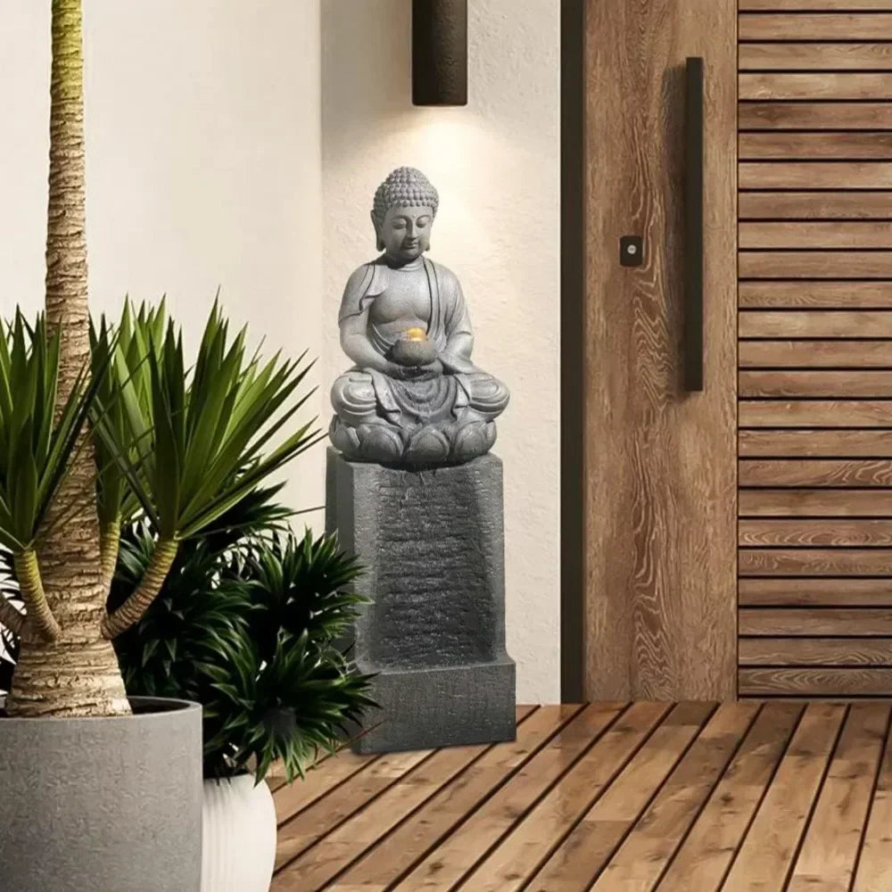 Resin Meditating Buddha Patio Fountain with LED Lights Zen Water Fountain Decor for Garden Backyard Deck