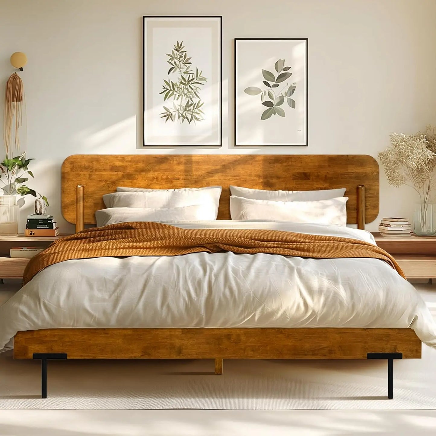 Acacia Frida King Size Bed Frame and Headboard Solid Wood Platform Bed Scandinavian Design 800 Pounds Capacity