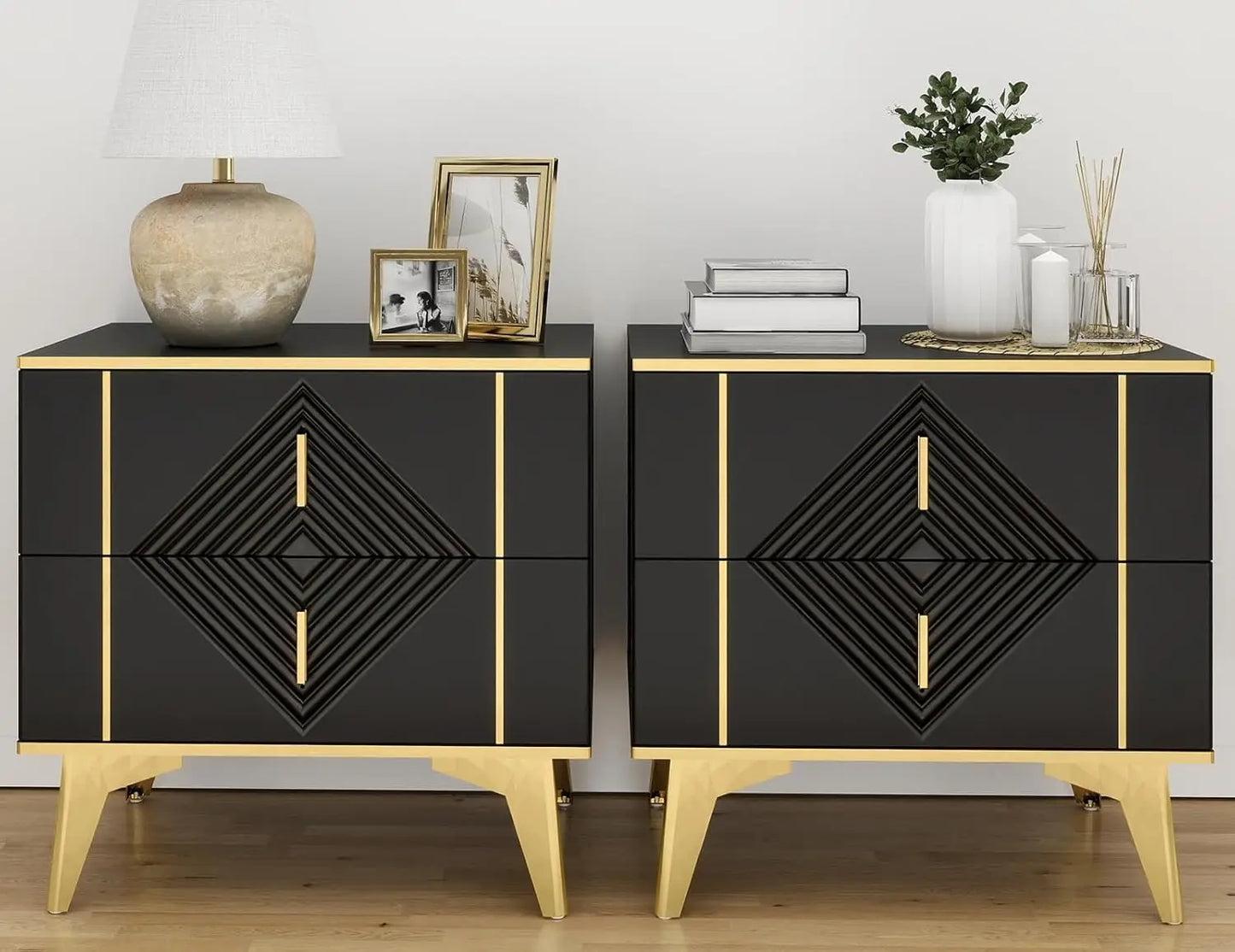Nightstands Set of 2 Light Luxury Bedside Table with 2 Wood Drawers End Tables with Metal Handles and Metal Legs for Bedroom