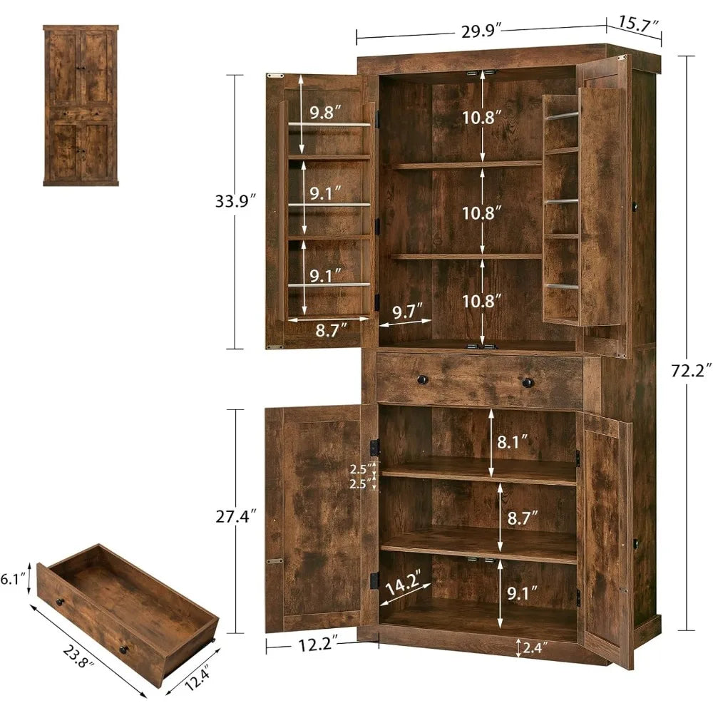 72 Inch Pantry Cabinet with 6 Doors Shelves and 1 Large Drawer Adjustable Kitchen Storage Cabinet