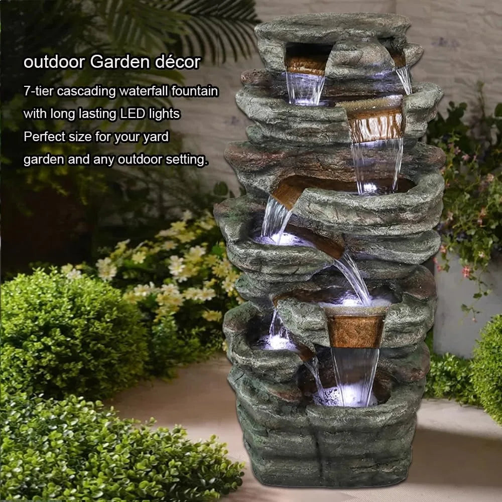 48 Inch High 7 Story Rock Outdoor Fountain with LED Lights for Garden and Home Art Decoration