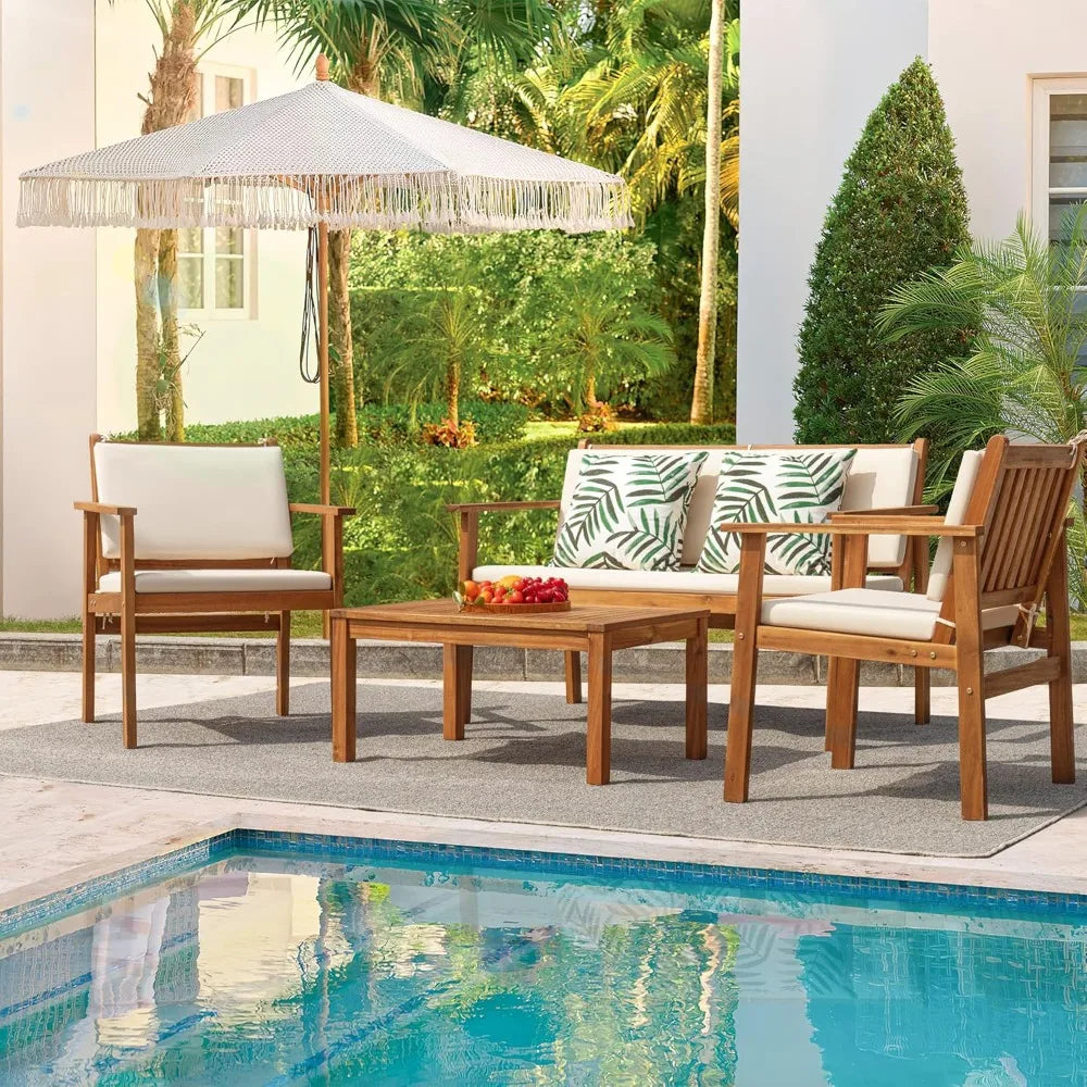 Patio Furniture Outdoor Acacia Wood Conversation Sofa Set with Table and Cushions for Deck and Balcony