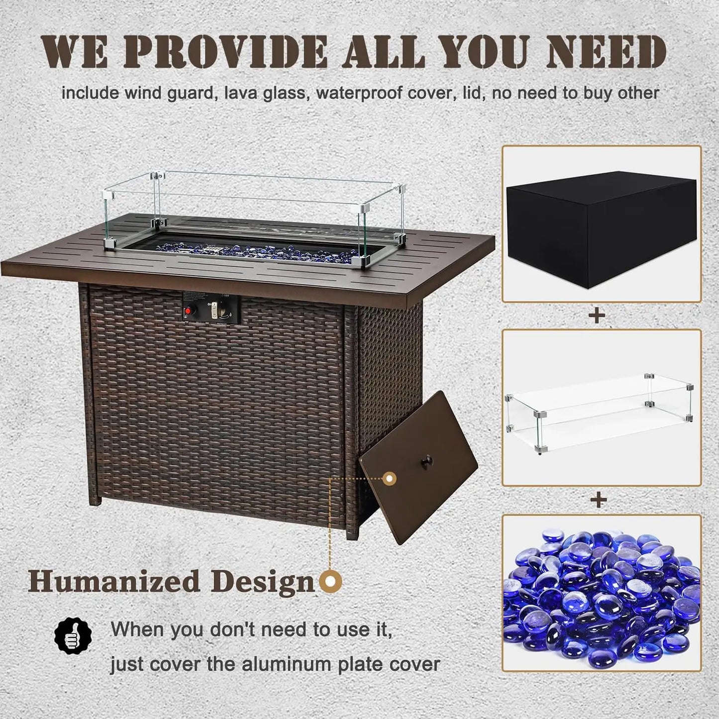 Propane Fire Pit Table 44 Inch 55000 BTU Outdoor Gas Fire Pit Rectangular with Glass Wind Guard Brown Aluminum Top