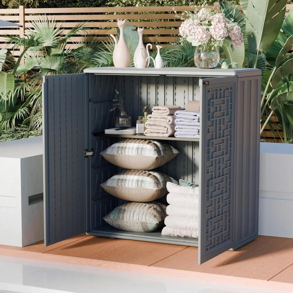 Indoor Outdoor Waterproof Storage Cabinet with Shelf Plastic Storage Shed for Patio Garden Backyard