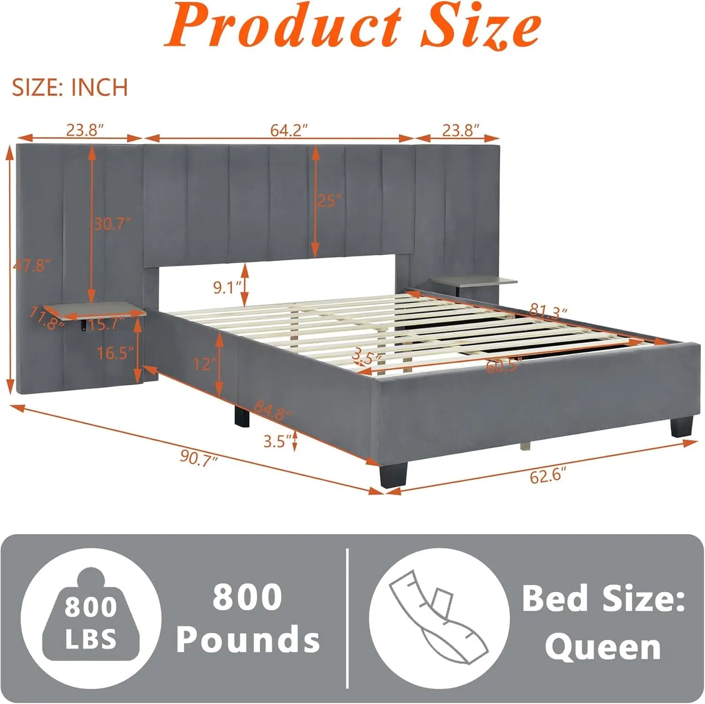 Luxury Upholstered Bed Frame with Tall Headboard and Integrated Bedside Shelves Queen Size Modern Design