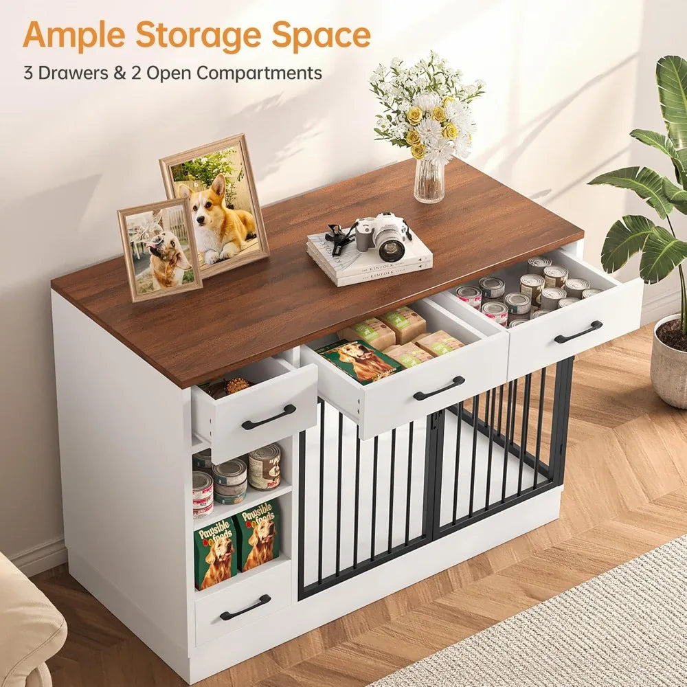 Luck Large Dog Crate Furniture 47.2 Inch Dog Kennel Indoor with 3 Storage Drawers and Hidden Feeding Bowl Sturdy Wooden Dog Crate