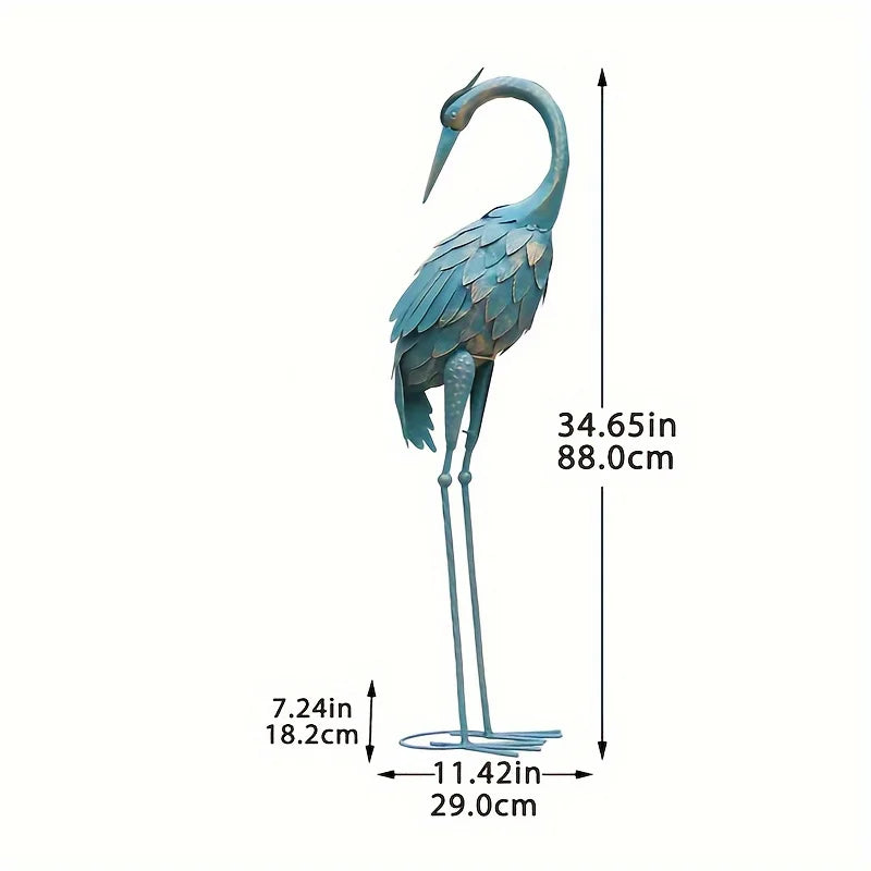Standing Garden Crane Statue for Outdoor Metal Bird Sculpture Art for Backyard Patio Lawn Yard Decoration Cyan
