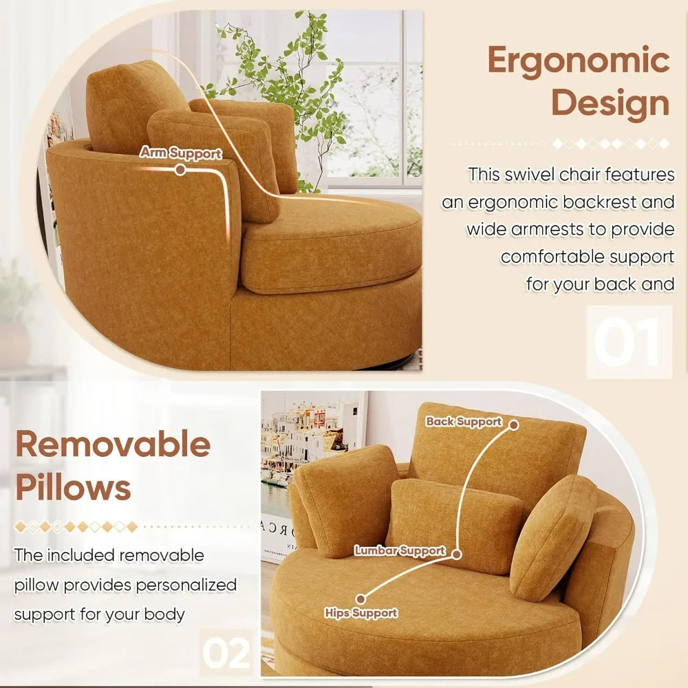 Oversized Swivel Accent Chair with Half Moon Storage Ottoman, 42'' W Chenille Round Swivel Barrel Chair, Modern Upholstered Comf
