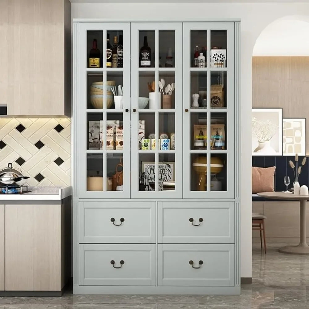 Pantry Cabinet Kitchen Storage Cabinet with Two Drawers and Glass Doors Adjustable Shelves for Kitchen and Pantry Use