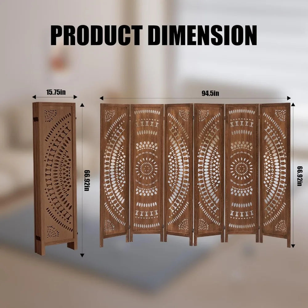 6 Panel Wood Room Divider Fully Assembled, Carved Boho Room Dividers and Folding Screens, 5.6Ft Room Divider Screen Freestanding