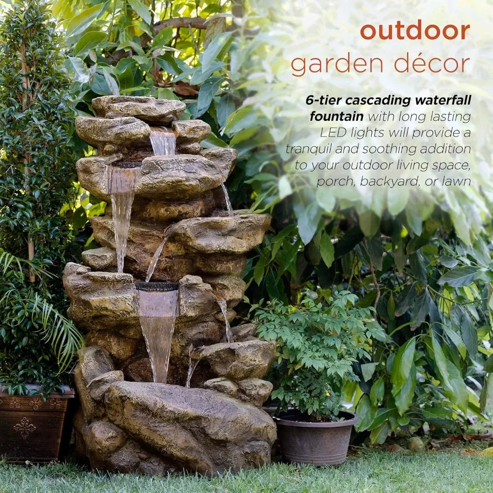 51 Inch Outdoor Six Story Fountain with LED Lights and Natural Stone Appearance for Gardens and Rock Waterfall Fountains