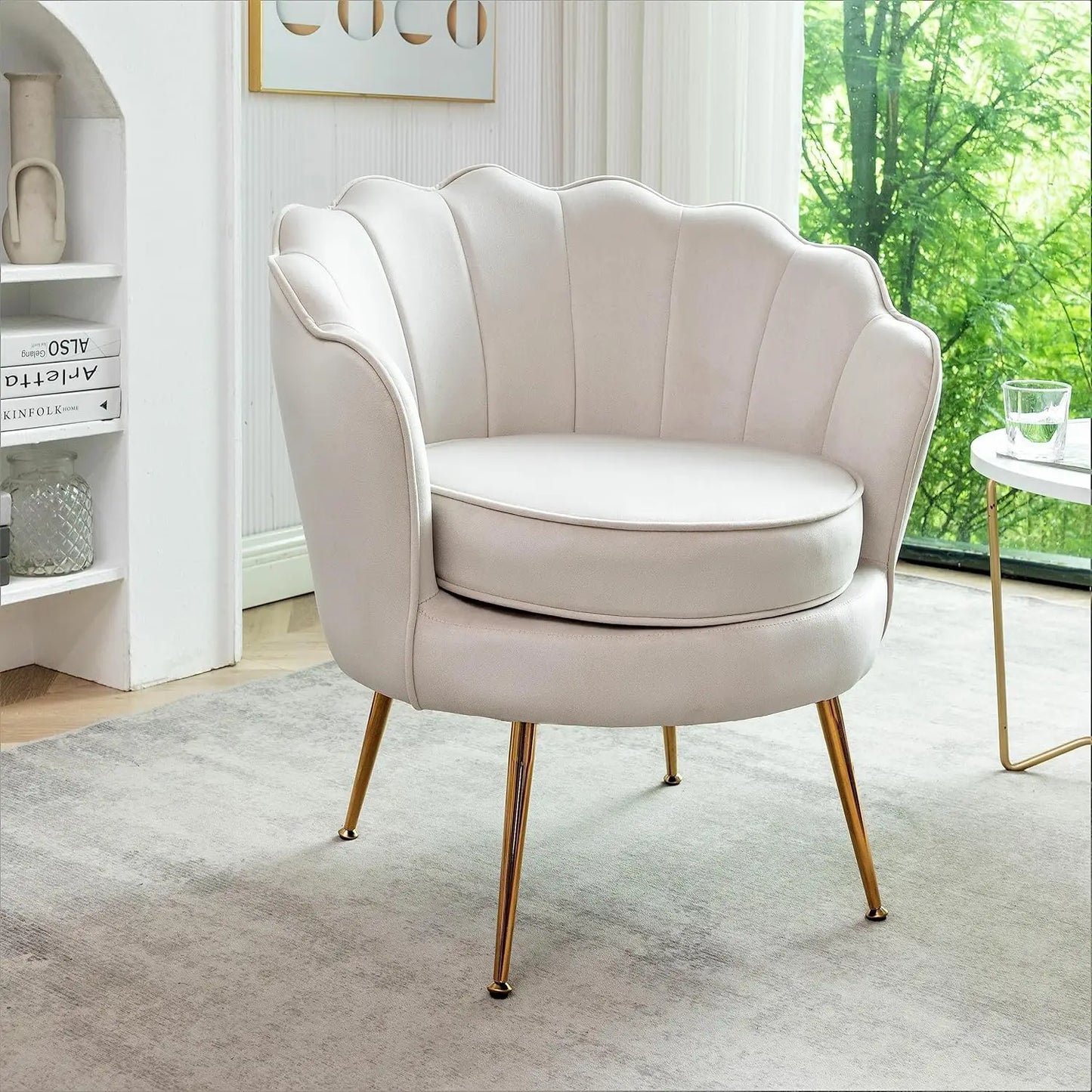 Velvet Barrel Chair with Scalloped Backrest and Gold Metal Legs Stylish Accent for Traditional Decor