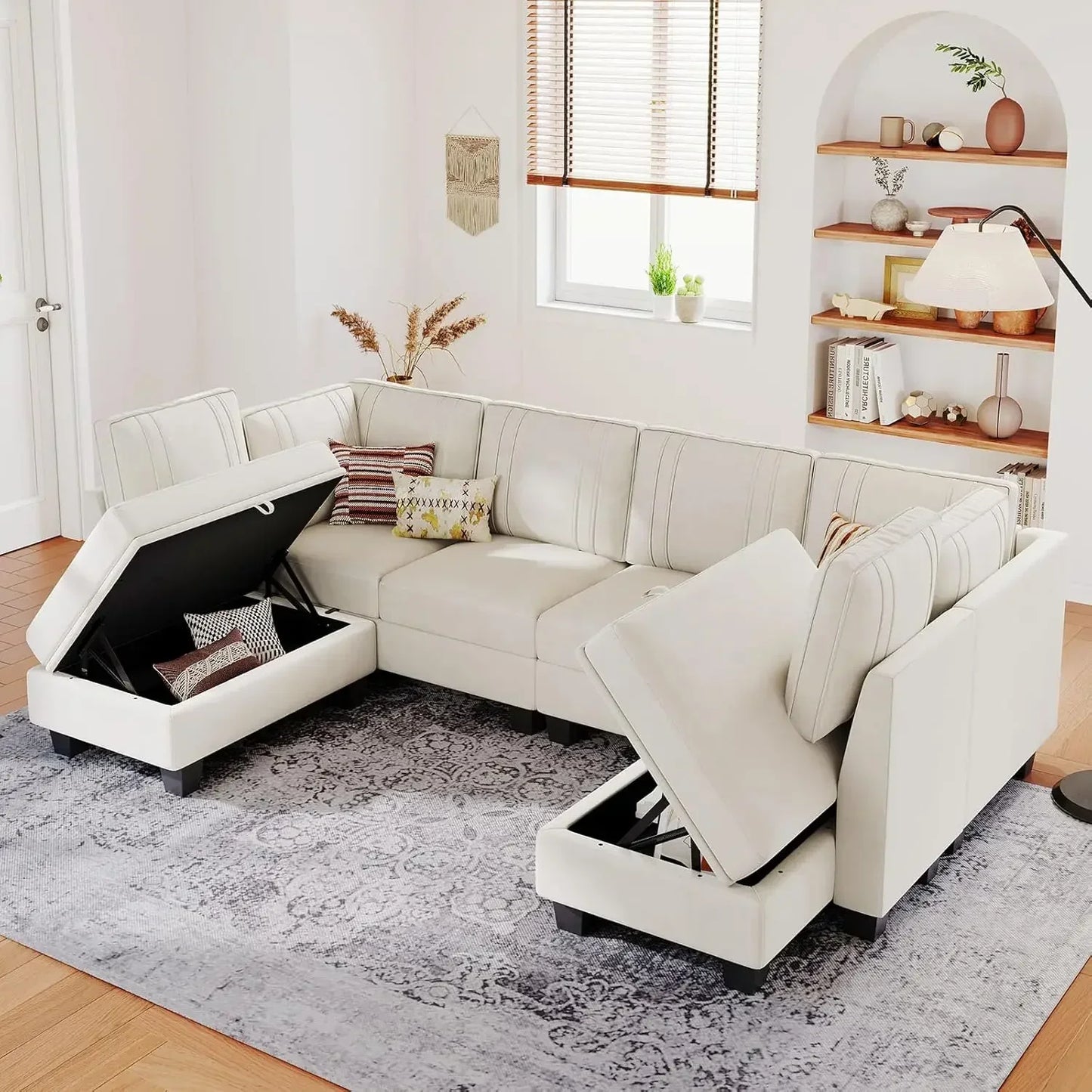 Sectional Couch with Storage Ottoman, U Shaped Sectional Sofa Couch, Convertible U-Shape Sectional Couch for Living Room, Beige