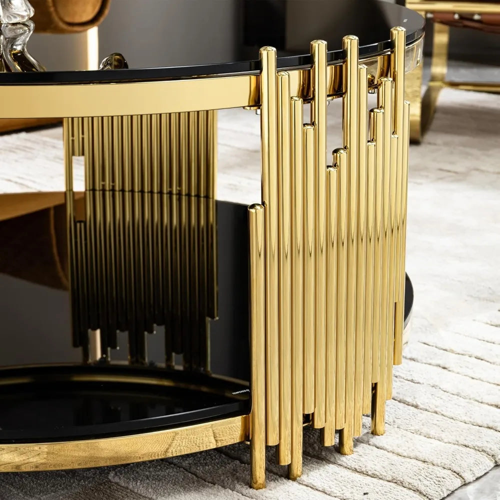 Round Glass Coffee Table 36 Inch Modern Luxury Black Living Room Table Gold Stainless Steel Irregular Legs Cocktail Table
