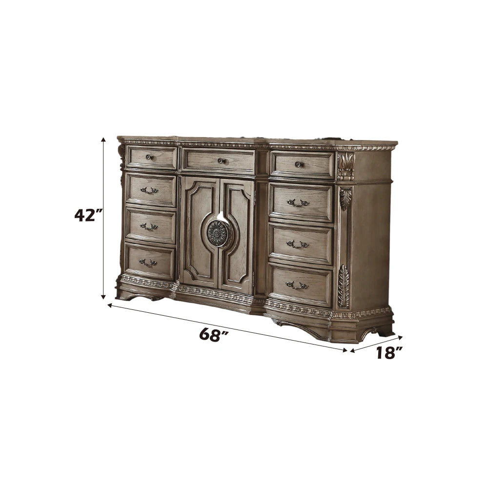 Antique Silver European Style Dresser with Wood Top Solid Carved Vanity Mirror for American Bedroom Furniture