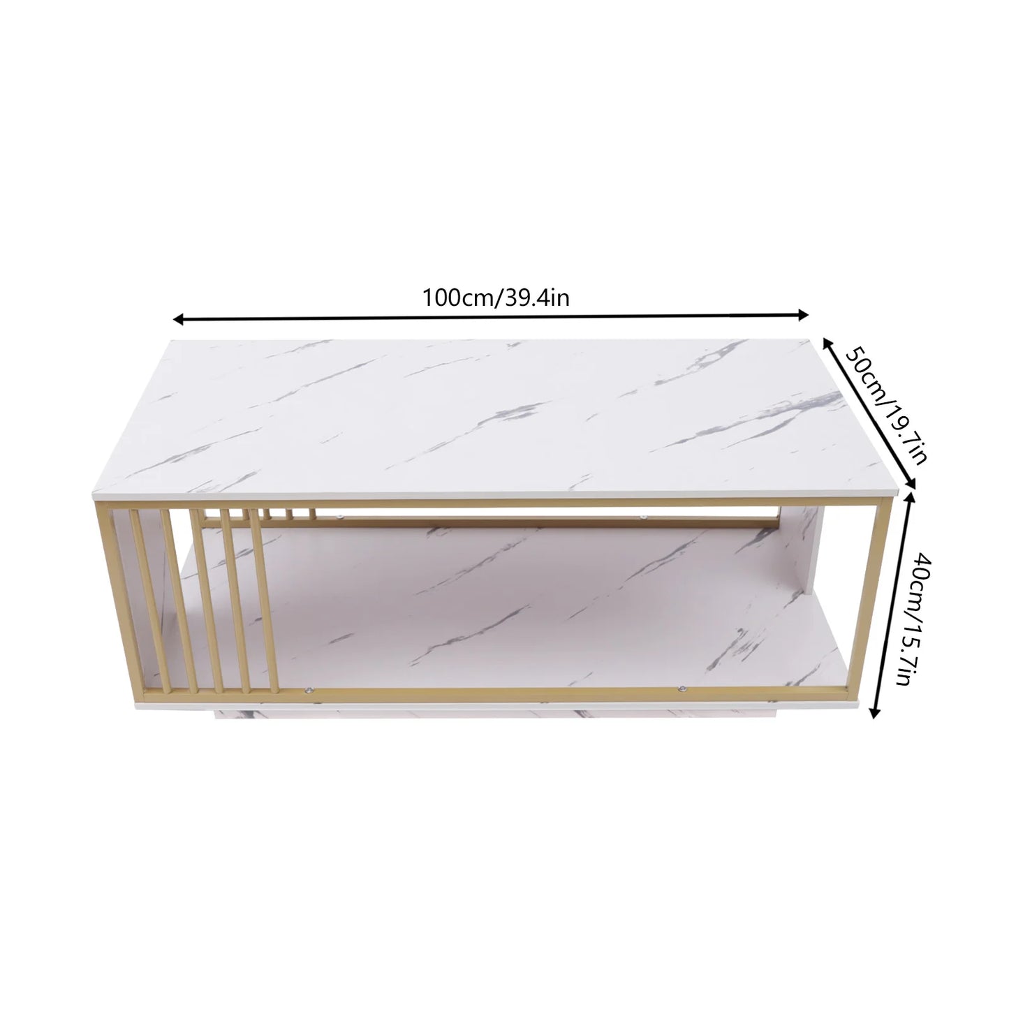 Modern 2 Tier White and Gold Coffee Table High Gloss Marble Veneer Rectangle Living Room Furniture