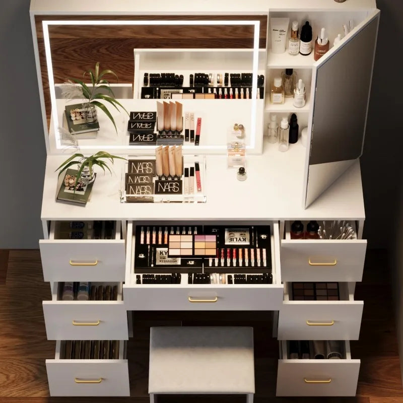 Large Lighted Vanity Desk with Stool and 7 Drawers Makeup Vanity Set Adjustable Brightness White Bedroom Furniture