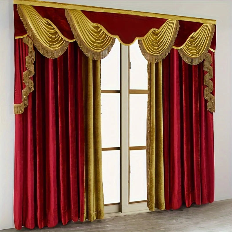 2pcs American Style French Luxury Curtain Villa Bedroom Living Room Flannel Red 100 Percent Polyester High Shading