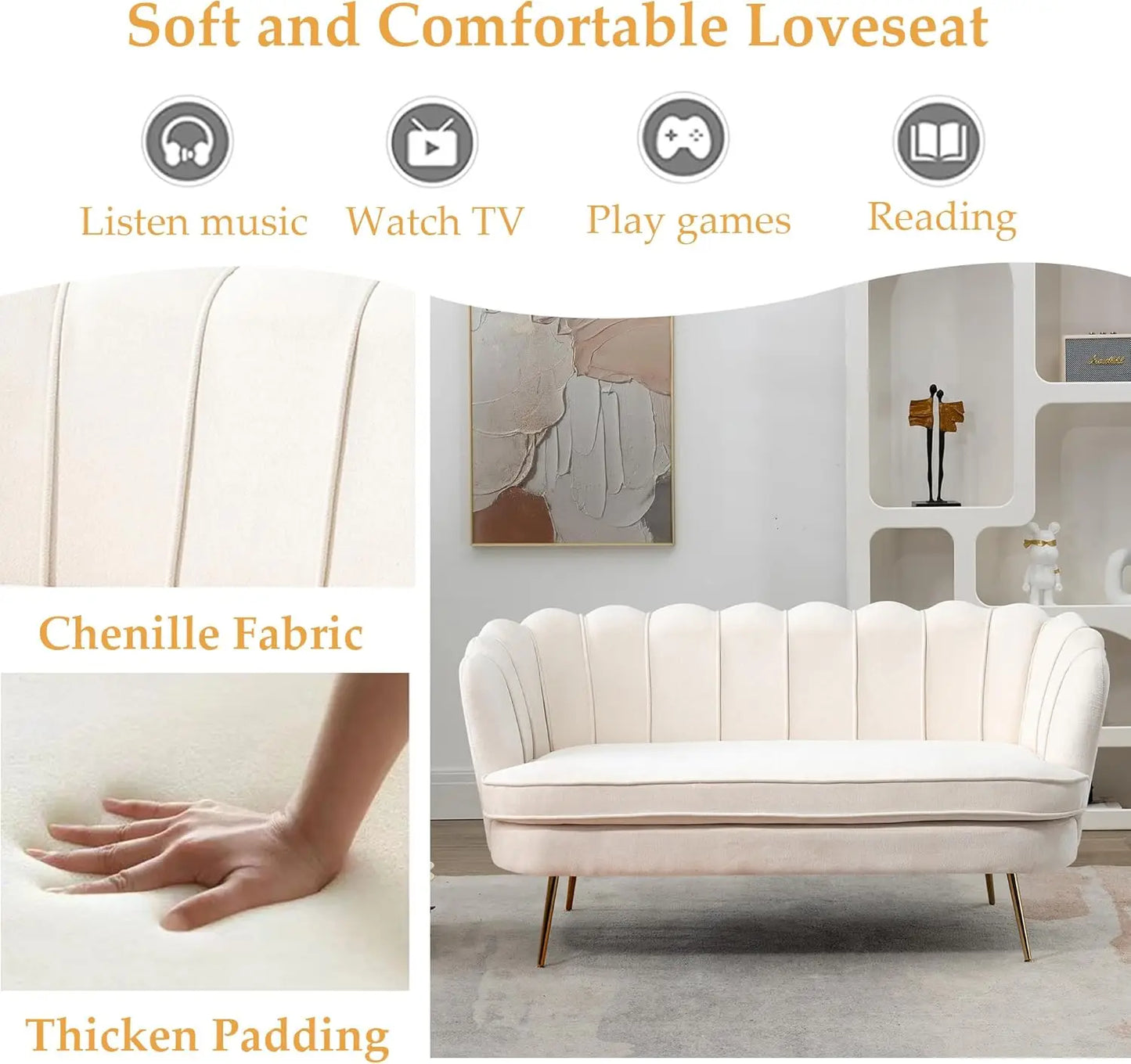 59 Inch Small Modern Chenille Loveseat Sofa 2 Seater Sofa with Gold Metal Legs Flower Shaped Back Couch for Living Room