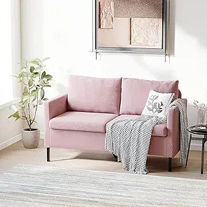 51 Inch W Linen Fabric Upholstered Modern Loveseat Sofa Couch for Living Room Aqua Blue 2 Seater Furniture with Iron Legs