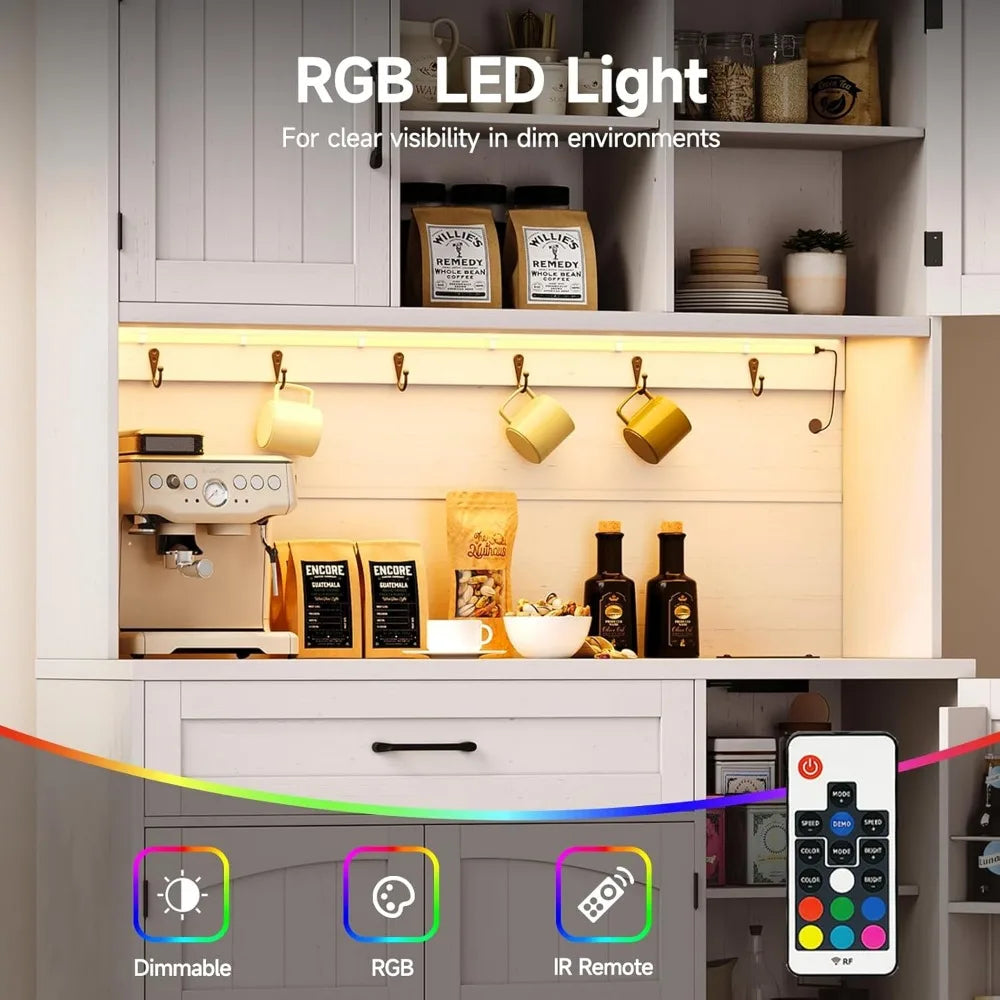 71 Inch Pantry Cabinet Kitchen Storage Cabinet with LED Light and Outlet Microwave Shelf and 6 Hooks