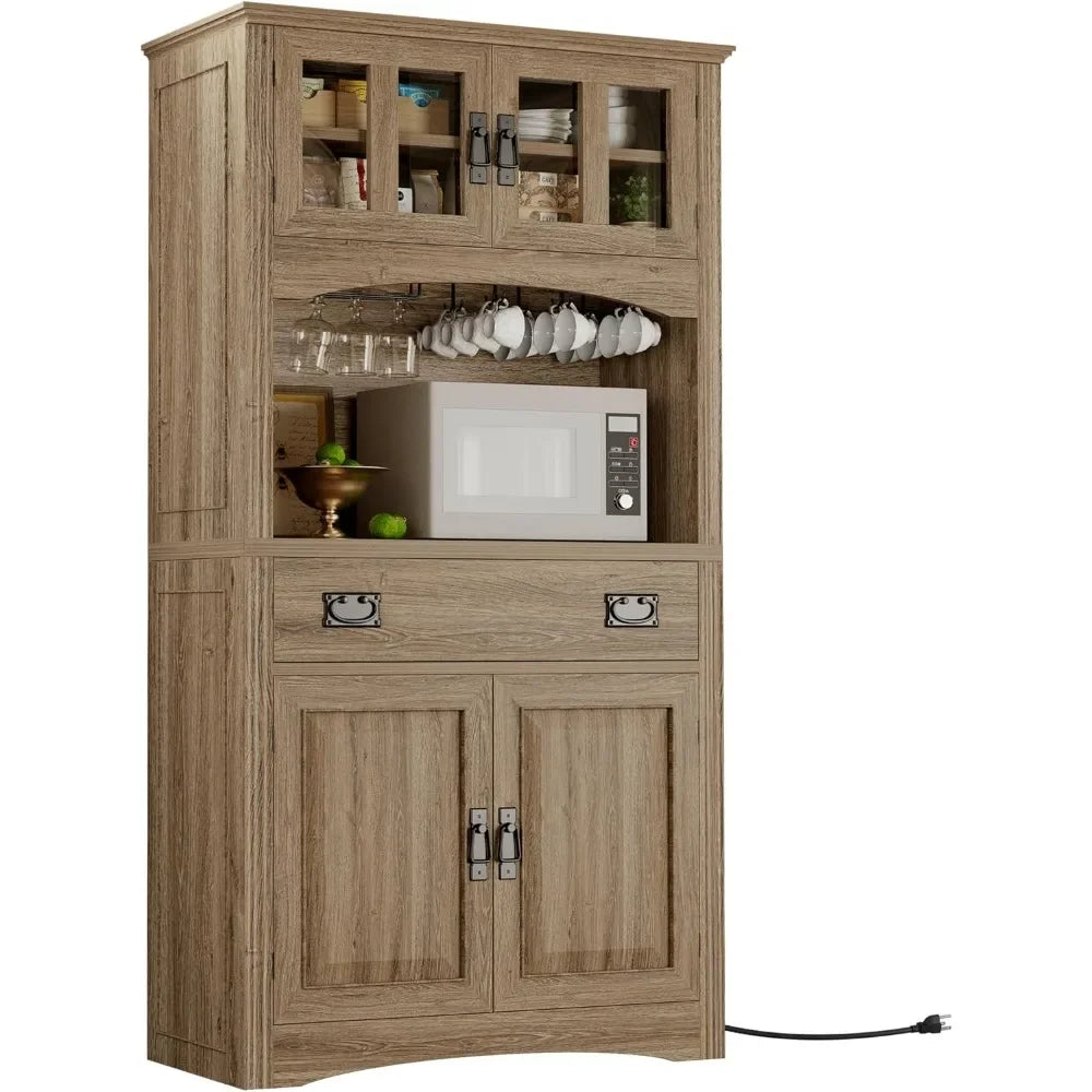 Kitchen Pantry with Power Outlets Farmhouse Storage Cabinet Coffee Bar with Glass Doors and Glasses Holder Large Drawer