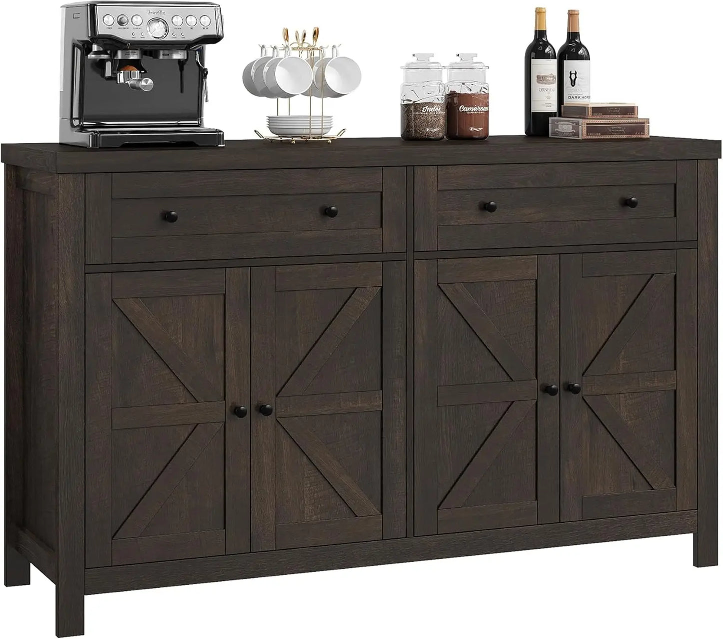 55" Buffet Sideboard Cabinet with Storage, Modern Farmhouse Coffee Bar Cabinet with Drawers and Shelves, Barn Doors Storage