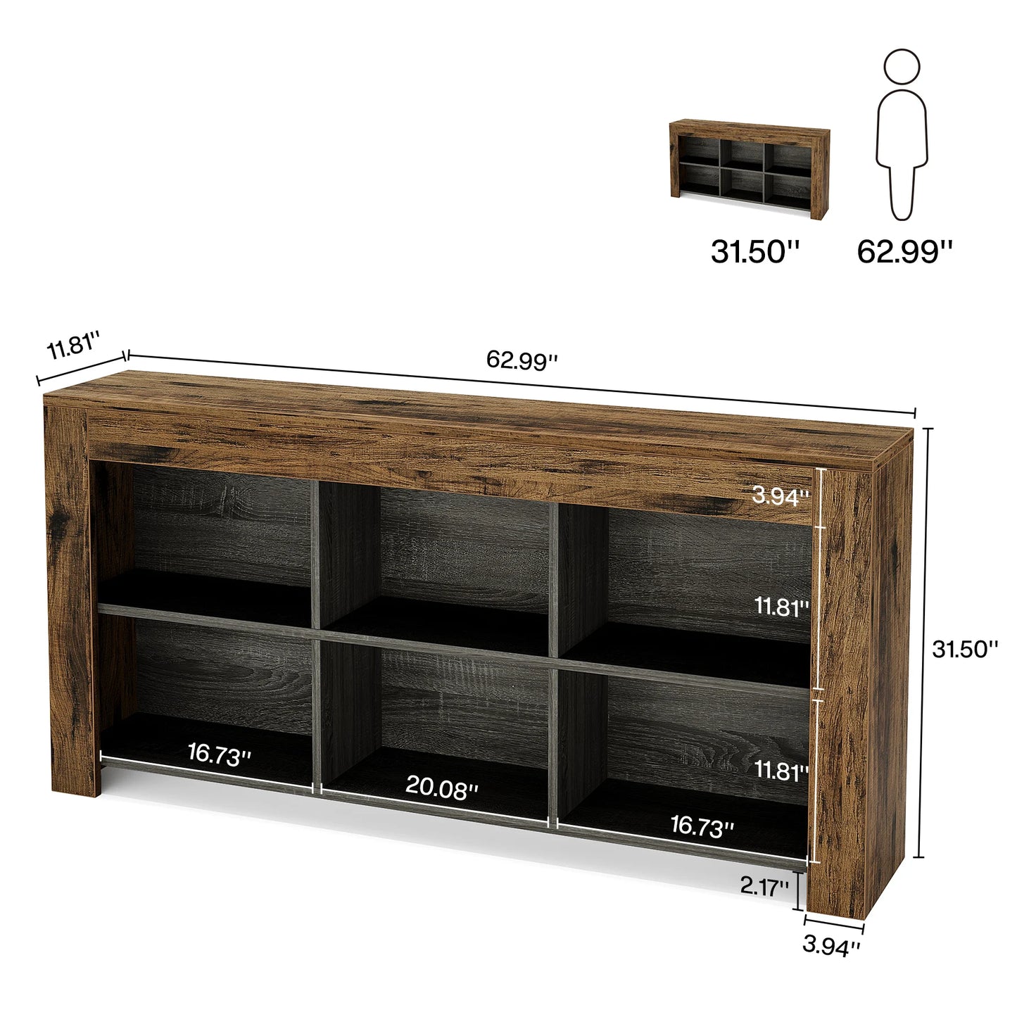 Tribesigns 63-Inch Long Console Table, Rustic Wood Entryway Table with 6 Storage Cubes, Industrial Narrow Sofa Table