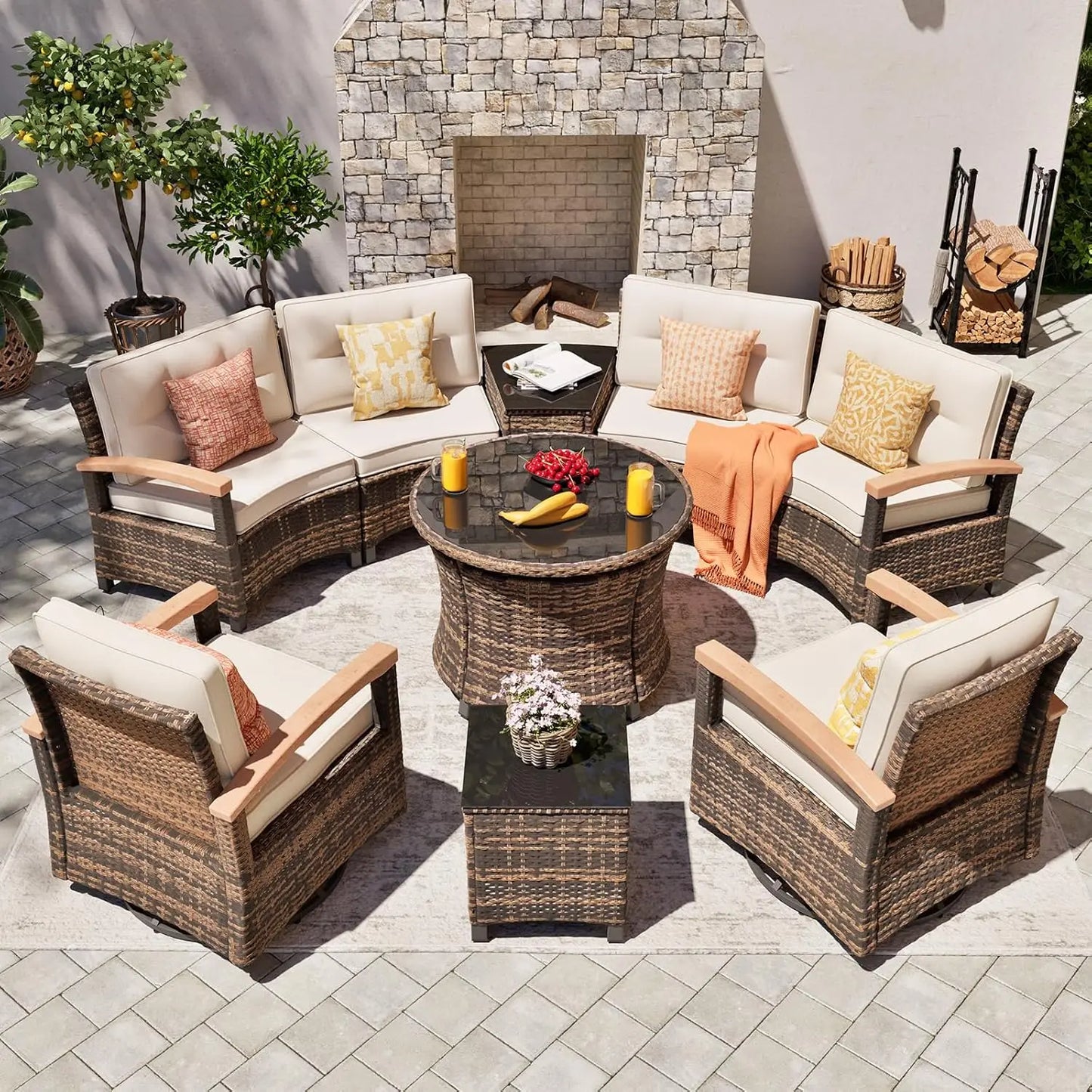 Multi Piece Outdoor Patio Furniture Sets Half Moon Curving Rattan Sofa Conversation Set