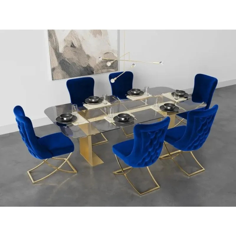 Dining Chair Set of 2 Blue With Gold Legs High Quality Comfortable Design